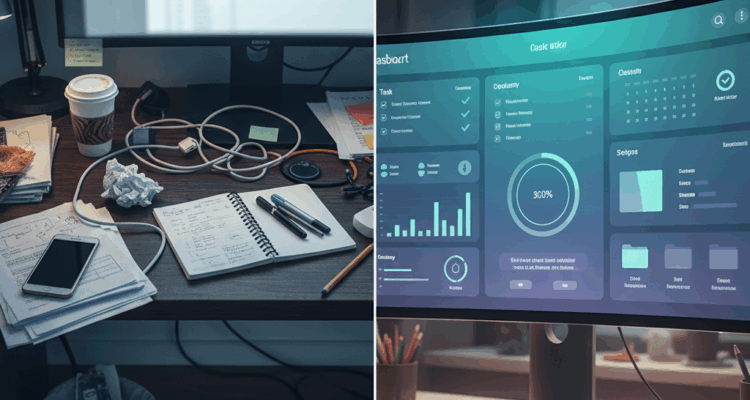 Split screen showing messy desk vs. organized digital dashboard | New York City